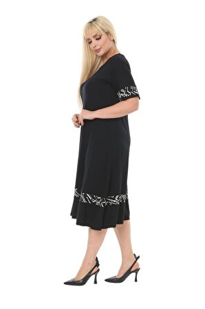 Melsay Butik Çizgi Şeritli Siyah Kadın Büyük Beden Midi Elbise