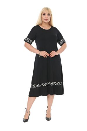 Melsay Butik Çizgi Şeritli Siyah Kadın Büyük Beden Midi Elbise