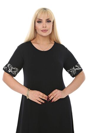 Melsay Butik Çizgi Şeritli Siyah Kadın Büyük Beden Midi Elbise