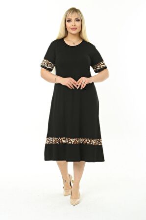 Melsay Butik Leopar Şeritli Siyah Kadın Büyük Beden Midi Elbise