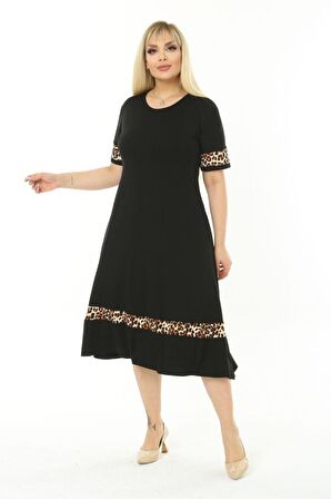Melsay Butik Leopar Şeritli Siyah Kadın Büyük Beden Midi Elbise