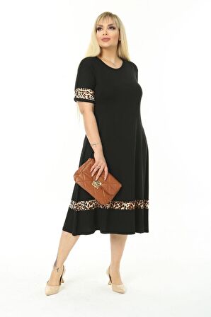Melsay Butik Leopar Şeritli Siyah Kadın Büyük Beden Midi Elbise