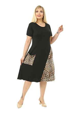 Melsay Butik Leopar Desen Cepli Siyah Kısa Kol Kadın Midi Elbise