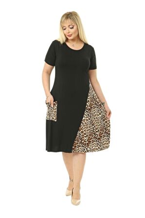 Melsay Butik Leopar Desen Cepli Siyah Kısa Kol Kadın Midi Elbise