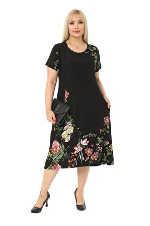 Melsay Butik Çiçekli Cepli Kısa Kol Kadın Midi Elbise