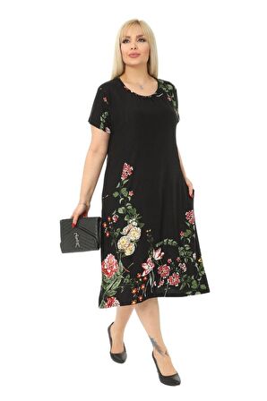 Melsay Butik Çiçekli Cepli Kısa Kol Kadın Midi Elbise