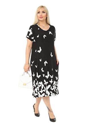 Melsay Butik Kelebek Desen Cepli Kısa Kol Kadın Midi Elbise