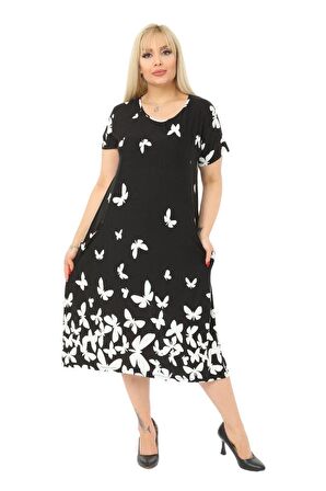 Melsay Butik Kelebek Desen Cepli Kısa Kol Kadın Midi Elbise