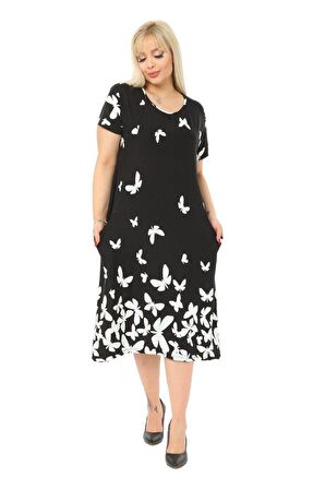 Melsay Butik Kelebek Desen Cepli Kısa Kol Kadın Midi Elbise
