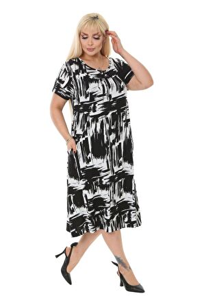 Melsay Butik Siyah Fırça Desen Cepli Kısa Kol Kadın Midi Elbise