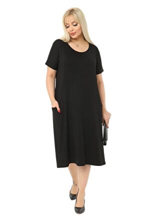 Melsay Butik Siyah Kuplu Cepli Kısa Kol Kadın Midi Elbise