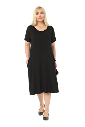 Melsay Butik Siyah Kuplu Cepli Kısa Kol Kadın Midi Elbise