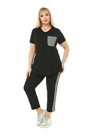 Melsay Butik Siyah Kazayağı Cep Büyük Beden Kadın Kapri Takımı