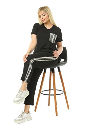 Melsay Butik Siyah Kazayağı Cep Büyük Beden Kadın Kapri Takımı