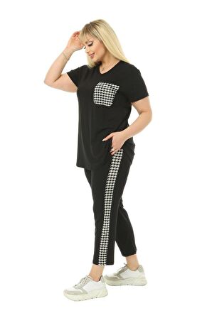 Melsay Butik Siyah Kazayağı Cep Büyük Beden Kadın Kapri Takımı