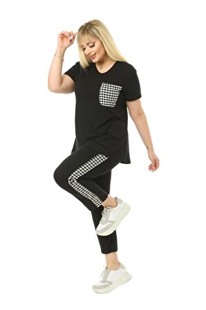 Melsay Butik Siyah Kazayağı Cep Büyük Beden Kadın Kapri Takımı