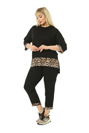 Melsay Butik Siyah Leopar Şeritli Büyük Beden Kadın Kapri Takımı