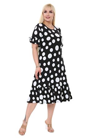 Melsay Butik Puantiye Desen Cepli Fırfırlı Kısa Kol Kadın Midi Elbise