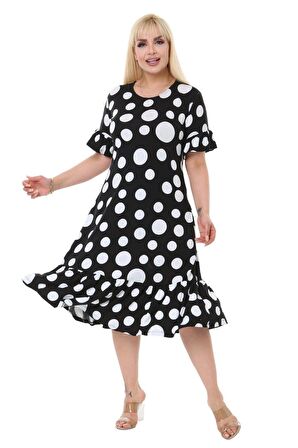 Melsay Butik Puantiye Desen Cepli Fırfırlı Kısa Kol Kadın Midi Elbise