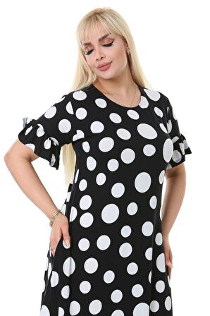 Melsay Butik Puantiye Desen Cepli Fırfırlı Kısa Kol Kadın Midi Elbise