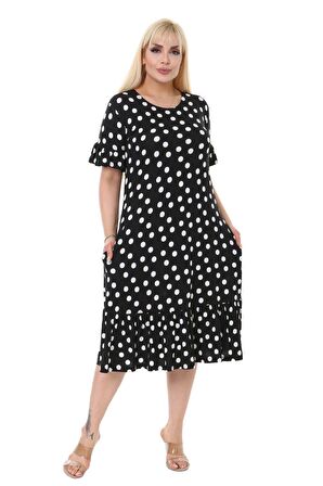 Melsay Butik Puantiye Desen Cepli Fırfırlı Kısa Kol Kadın Midi Elbise