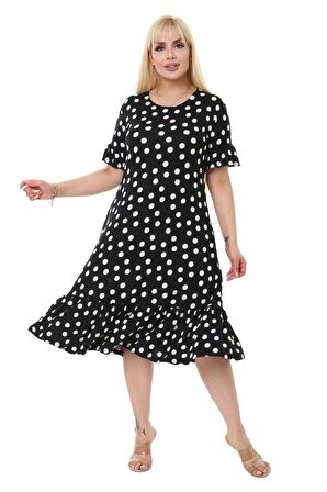 Melsay Butik Puantiye Desen Cepli Fırfırlı Kısa Kol Kadın Midi Elbise