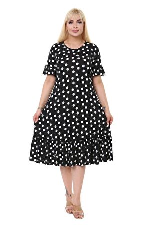 Melsay Butik Puantiye Desen Cepli Fırfırlı Kısa Kol Kadın Midi Elbise