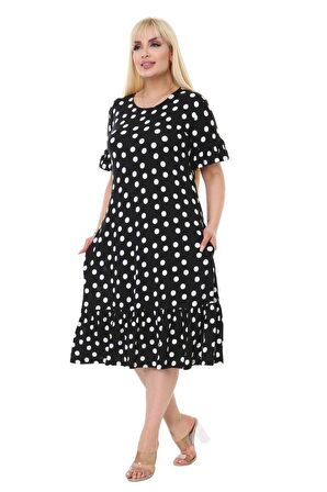 Melsay Butik Puantiye Desen Cepli Fırfırlı Kısa Kol Kadın Midi Elbise