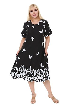 Melsay Butik Kelebek Desen Cepli Fırfırlı Kısa Kol Kadın Midi Elbise