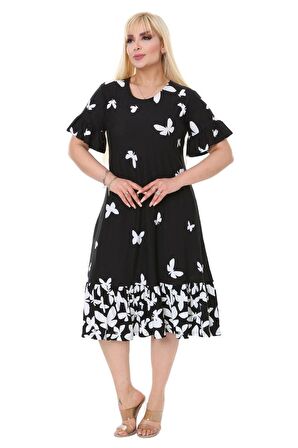 Melsay Butik Kelebek Desen Cepli Fırfırlı Kısa Kol Kadın Midi Elbise