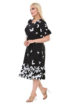 Melsay Butik Kelebek Desen Cepli Fırfırlı Kısa Kol Kadın Midi Elbise