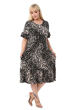 Melsay Butik Çakıltaşı Desen Cepli Fırfırlı Kısa Kol Kadın Midi Elbise