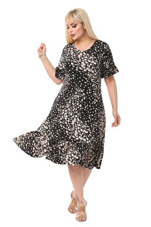 Melsay Butik Çakıltaşı Desen Cepli Fırfırlı Kısa Kol Kadın Midi Elbise