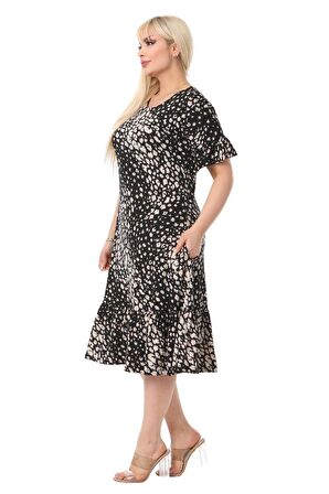 Melsay Butik Çakıltaşı Desen Cepli Fırfırlı Kısa Kol Kadın Midi Elbise