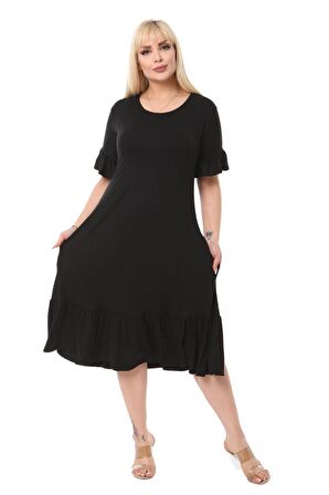 Melsay Butik Cepli Fırfırlı Siyah Kısa Kollu Kadın Midi Elbise