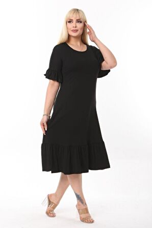 Melsay Butik Cepli Fırfırlı Siyah Kısa Kollu Kadın Midi Elbise