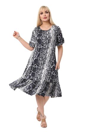 Melsay Butik Gri Yılanderisi Fırfırlı Kısa Kol Kadın Midi Elbise