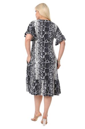 Melsay Butik Gri Yılanderisi Fırfırlı Kısa Kol Kadın Midi Elbise