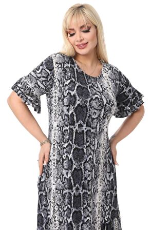 Melsay Butik Gri Yılanderisi Fırfırlı Kısa Kol Kadın Midi Elbise