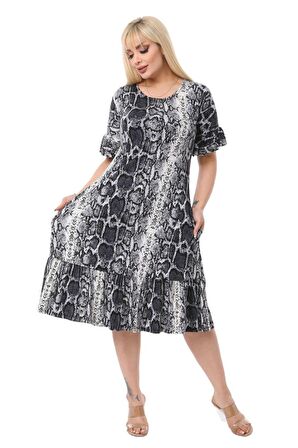Melsay Butik Gri Yılanderisi Fırfırlı Kısa Kol Kadın Midi Elbise