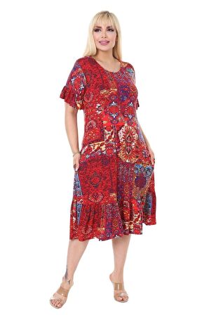 Melsay Butik Kırmızı Etnik Fırfırlı Kısa Kollu Kadın Midi Elbise