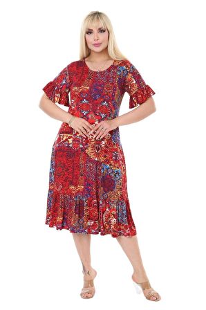 Melsay Butik Kırmızı Etnik Fırfırlı Kısa Kollu Kadın Midi Elbise