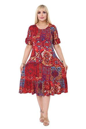 Melsay Butik Kırmızı Etnik Fırfırlı Kısa Kollu Kadın Midi Elbise