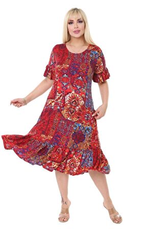 Melsay Butik Kırmızı Etnik Fırfırlı Kısa Kollu Kadın Midi Elbise