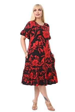 Melsay Butik Kırmızı Palmiye Fırfırlı Kısa Kollu Kadın Midi Elbise