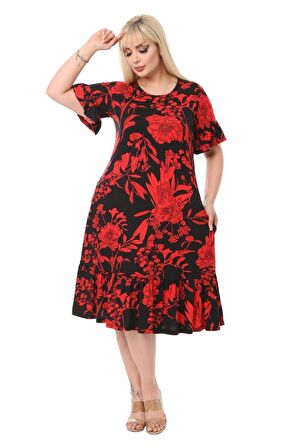 Melsay Butik Kırmızı Palmiye Fırfırlı Kısa Kollu Kadın Midi Elbise