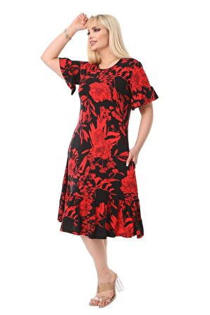 Melsay Butik Kırmızı Palmiye Fırfırlı Kısa Kollu Kadın Midi Elbise