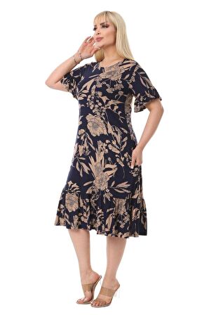 Melsay Butik Lacivert Palmiye Fırfırlı Kısa Kollu Kadın Midi Elbise
