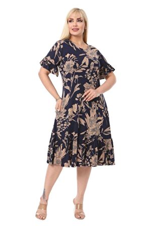 Melsay Butik Lacivert Palmiye Fırfırlı Kısa Kollu Kadın Midi Elbise