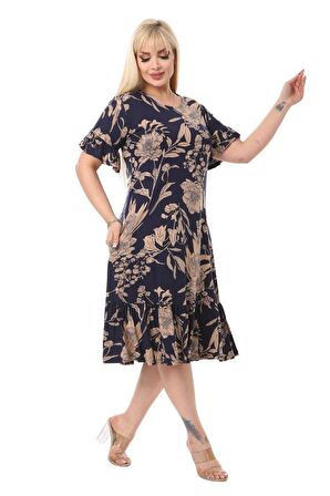 Melsay Butik Lacivert Palmiye Fırfırlı Kısa Kollu Kadın Midi Elbise